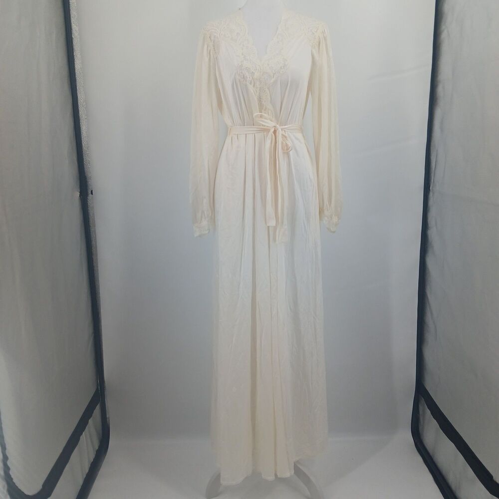 Vintage Nylon Robe Womens Large Cream Lace Bridal Coquette